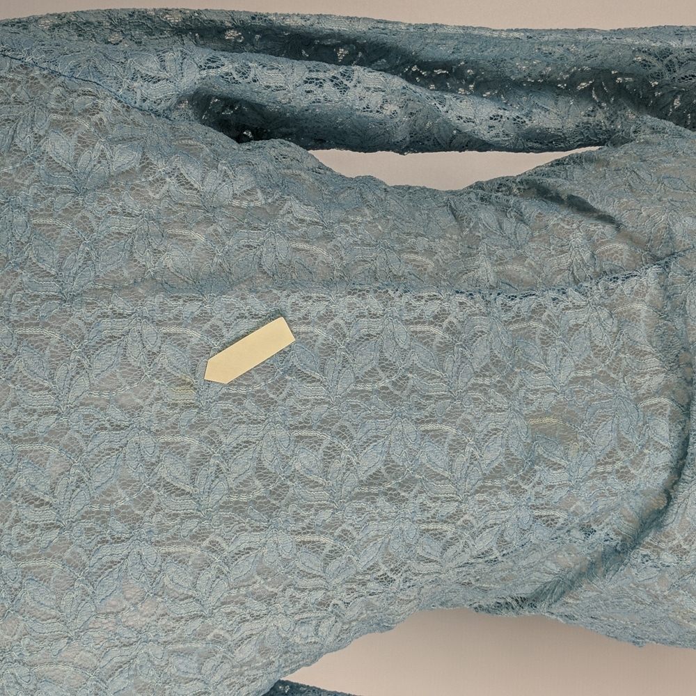 St Mario Women's Top Size Medium Blue Sheer Lace Long Sleeve Button Front Collar - Picture 7 of 13